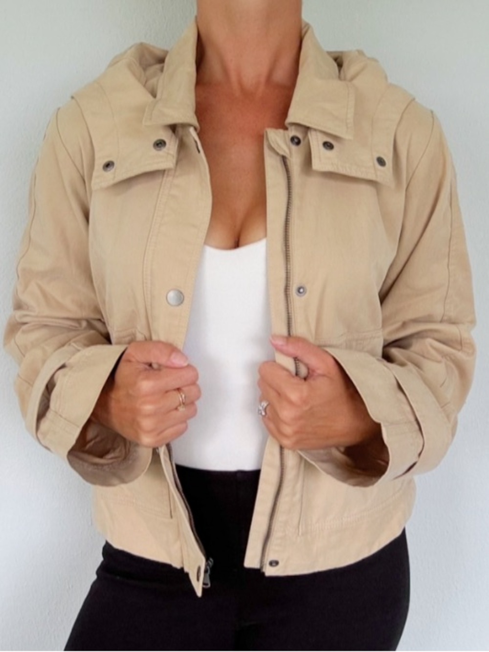 Sonoma tan khaki cotton blend twill removable hood jacket size medium